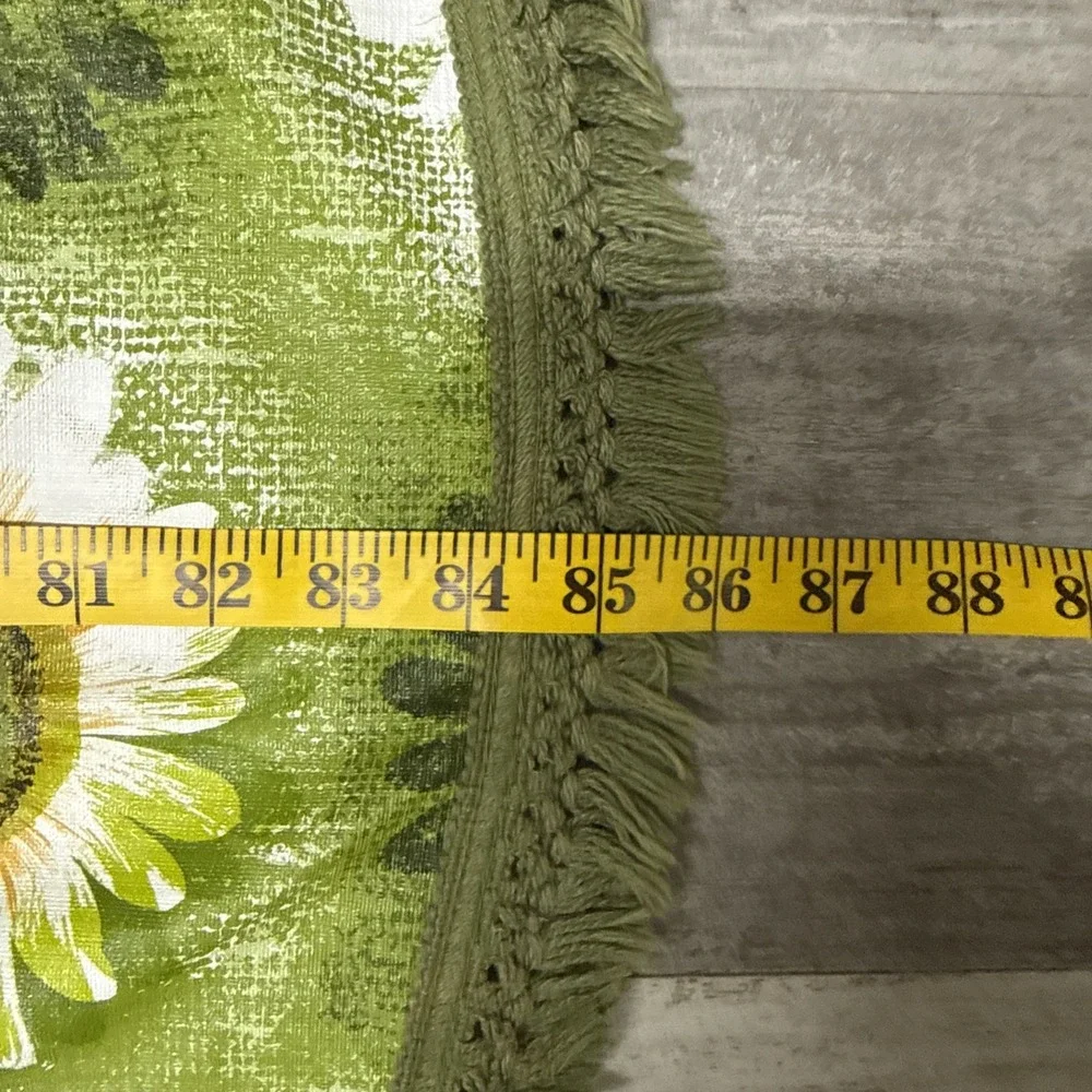 VTG 1970s Flower Power Tablecloth Fringe Hippie Daisy Oval Avocado Green 57x84